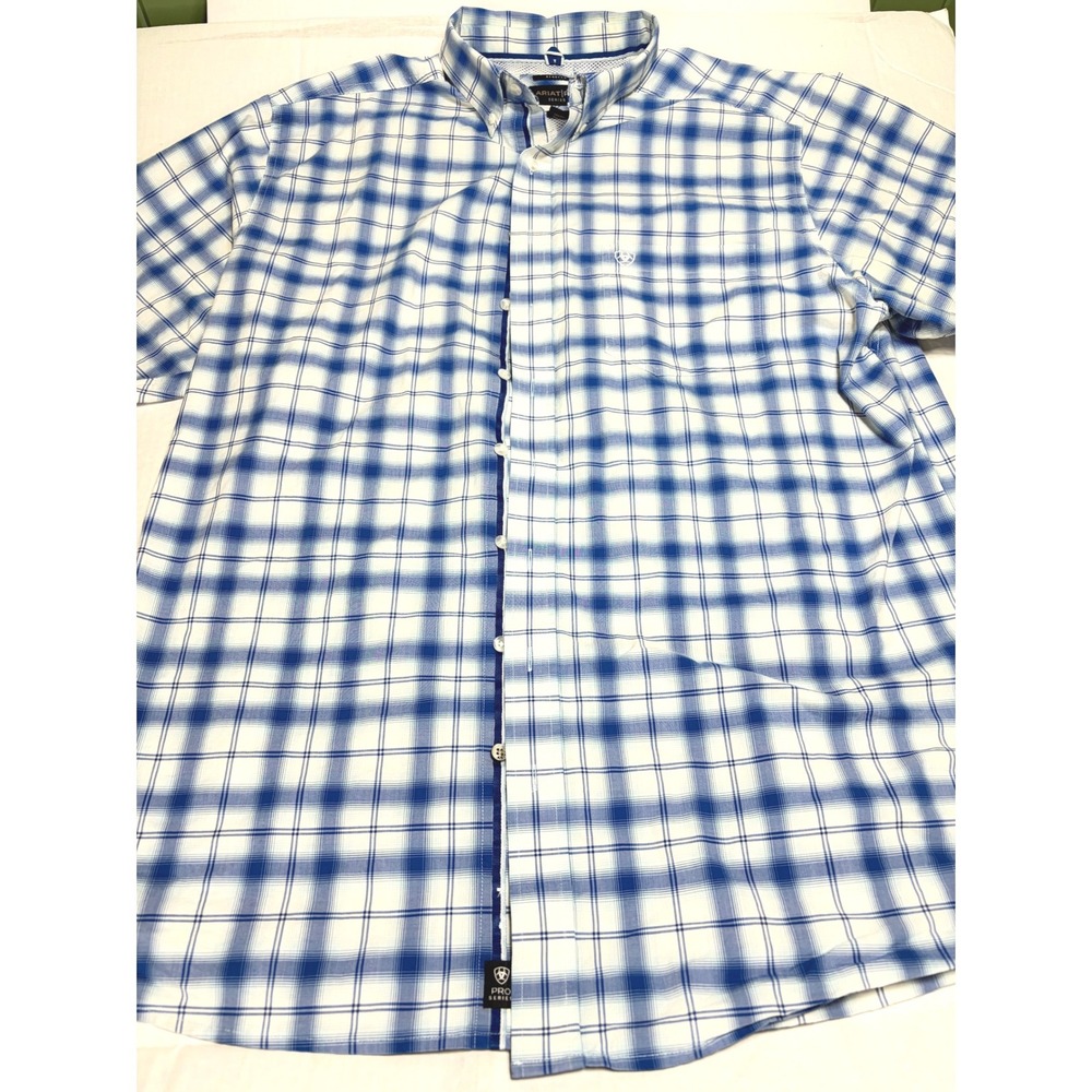 Ariat Pro Series Mens XXL Tall Blue White Plaid Stretch Short Sleeve Shirt